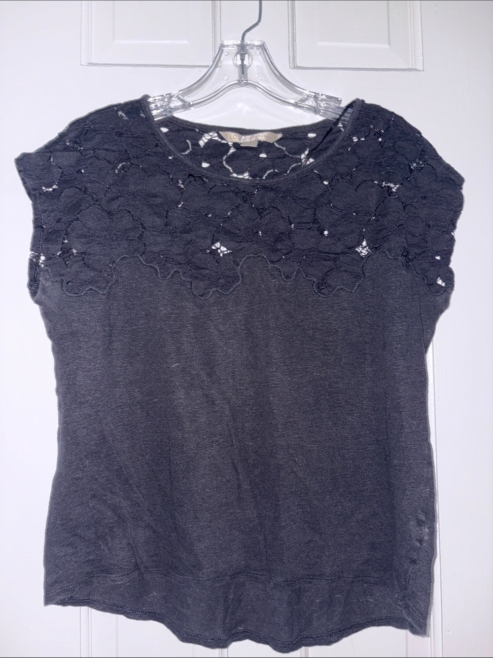 LC Lauren Conrad Charcoal Lace-Yoke Cap Sleeve Top